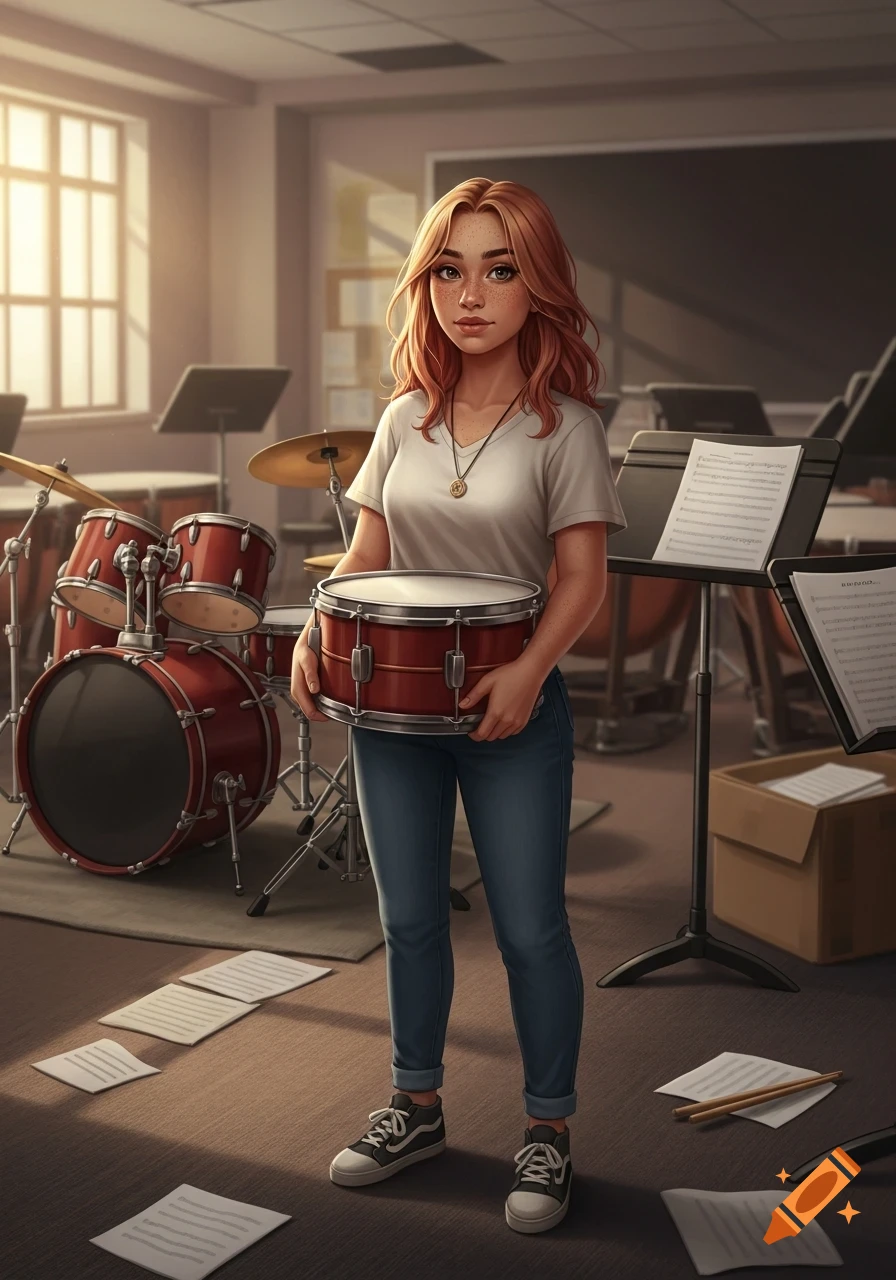 A semi-realistic illustration of a shy girl with strawberry blonde hair and freckles holding a red drum in a school band room.