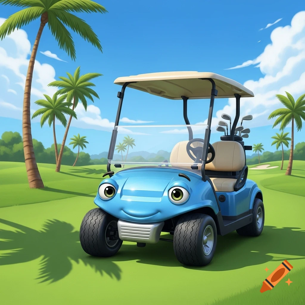A smiling blue cartoon golf cart with large eyes on a sunny green golf course with palm trees.