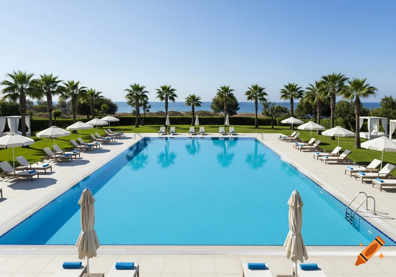 A large, pristine swimming pool at a sunny resort, surrounded by lounge chairs, umbrellas, palm trees, and the ocean in the background.