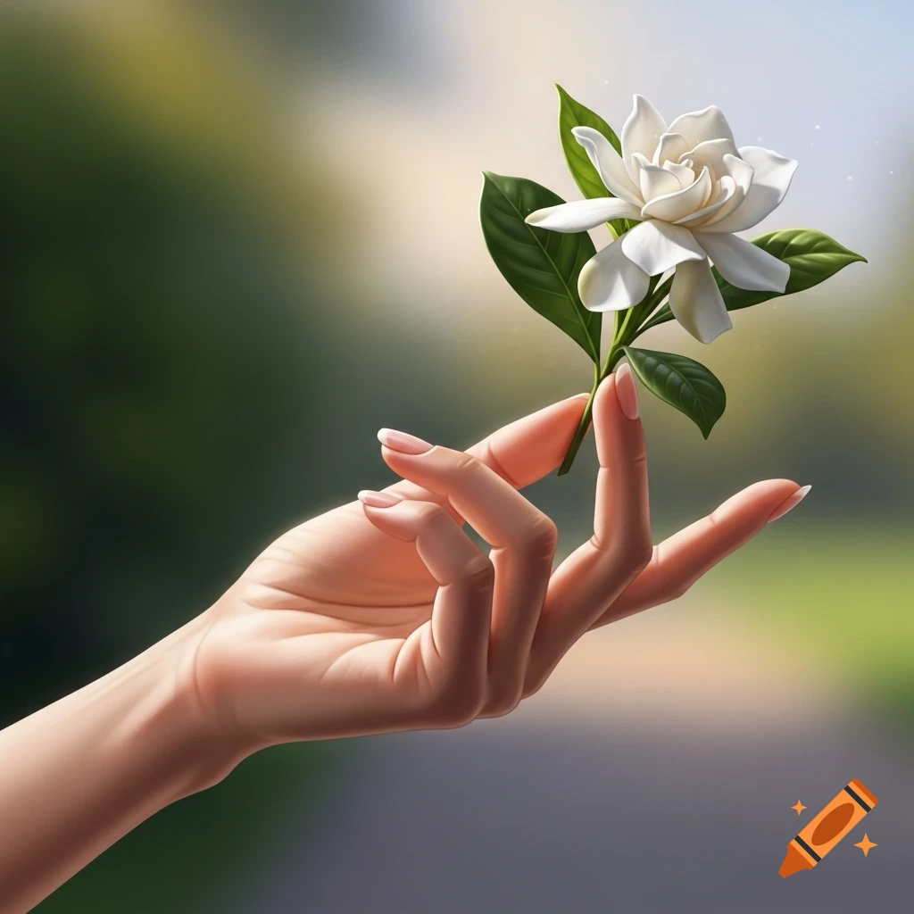 A delicate hand with manicured nails gently holds a white gardenia flower with green leaves against a soft, blurred green background.