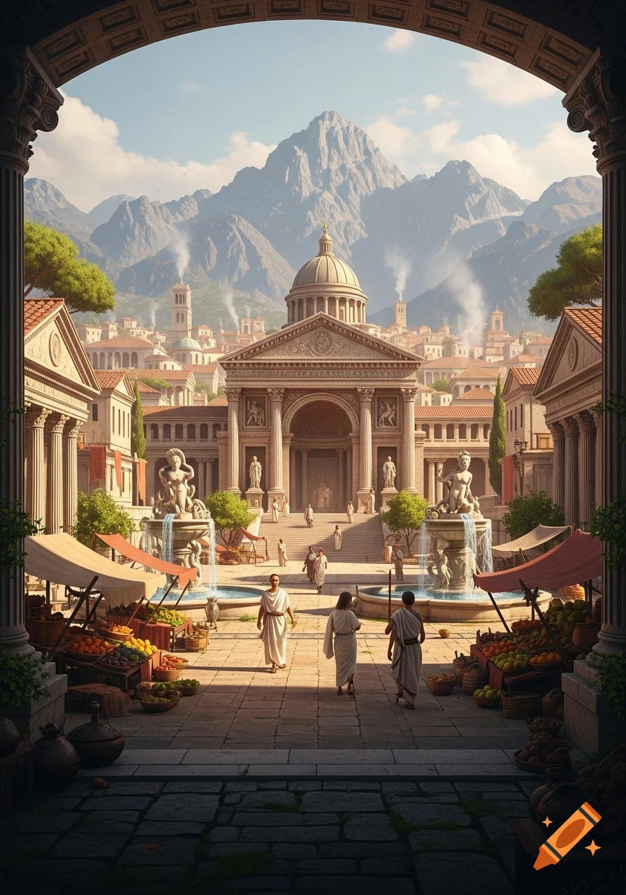 A detailed view of an ancient Roman city through an archway, featuring a grand temple, market, people in togas, fountains, and mountains.