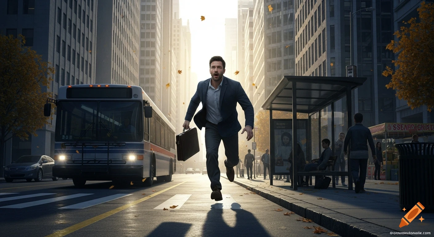 A man in a suit runs with a briefcase down a city street, trying to catch a departing bus near a bus stop, with autumn leaves falling.