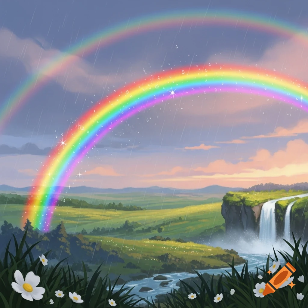 A vibrant double rainbow arches over a lush green landscape with a waterfall, river, and white flowers in the foreground, under a rainy sky.