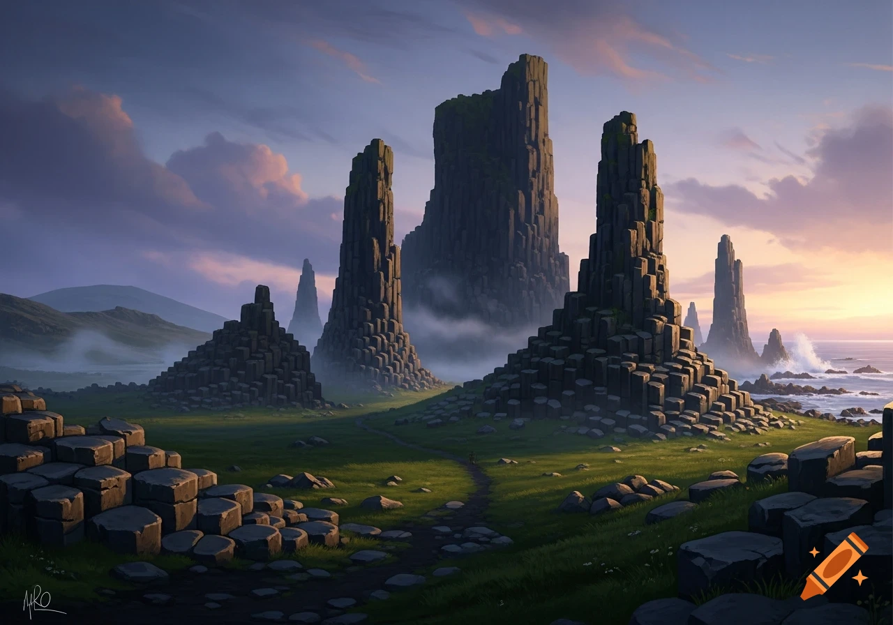 Dramatic landscape with towering basalt columns resembling a castle at sunset, with a path leading through green grassy fields to the ocean.