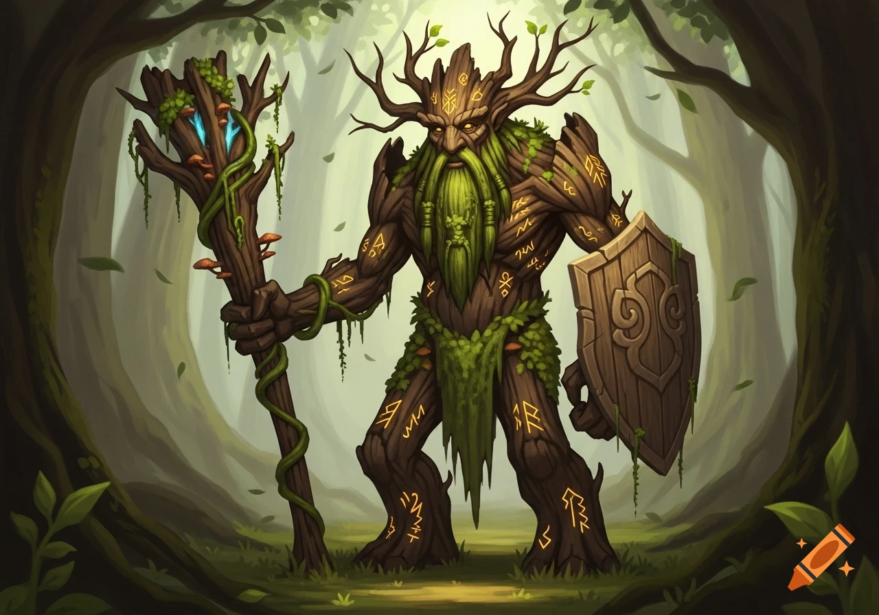 A fantasy treant character with tree bark skin, a long green beard, holding a wooden club and shield, standing in a forest.