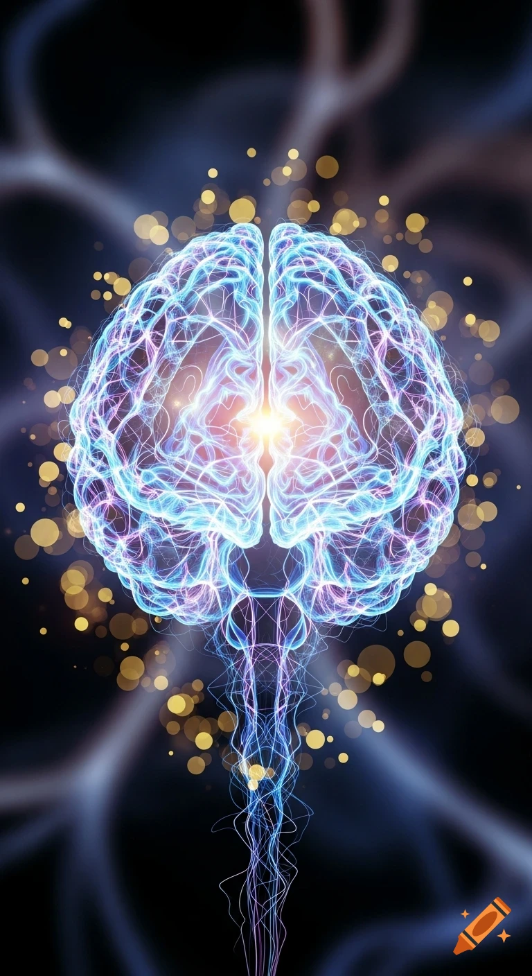 An abstract, glowing human brain composed of swirling blue and purple light against a dark background with golden bokeh.