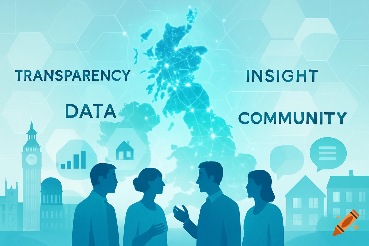 A modern blue illustration of a UK map with data connections, surrounded by text: TRANSPARENCY, DATA, INSIGHT, COMMUNITY. Silhouettes of people and buildings are at the bottom.