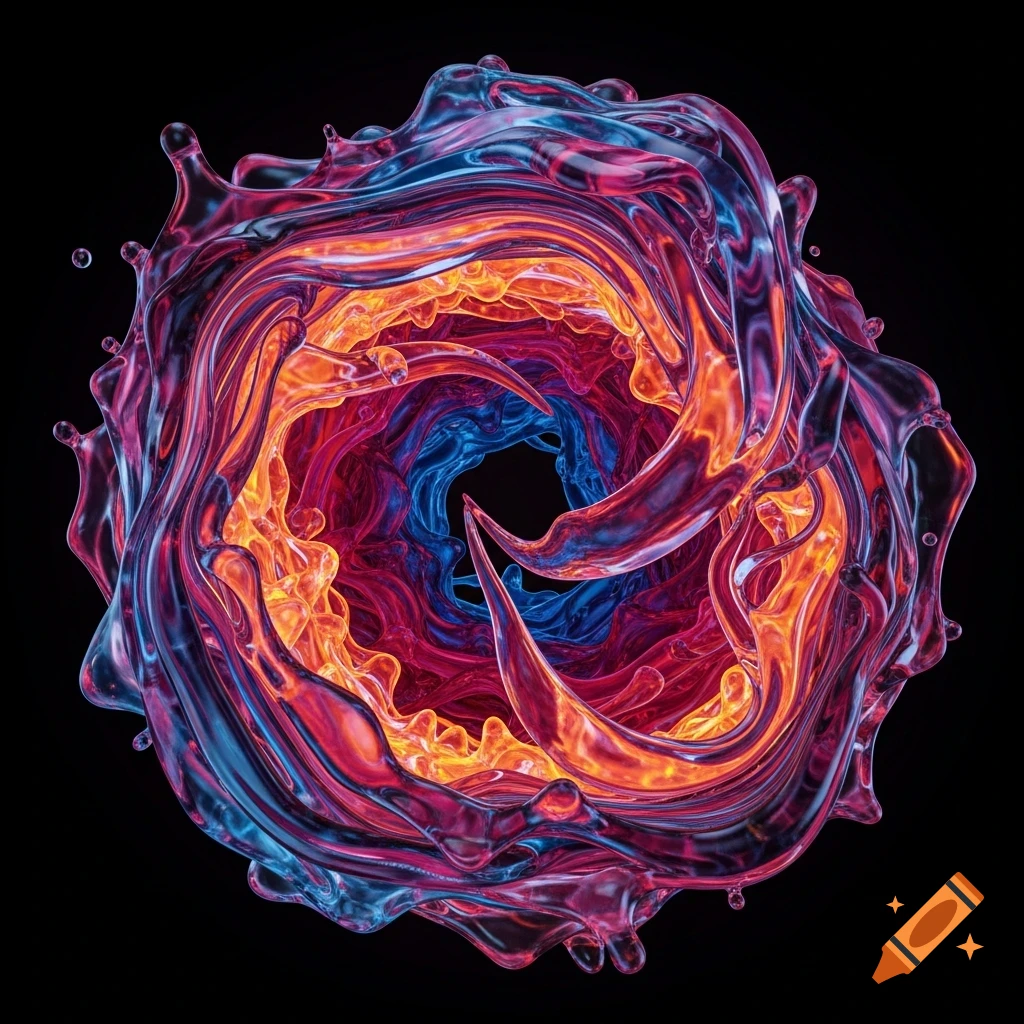 A vibrant, swirling abstract form resembling viscous liquid in shades of blue, red, orange, and purple on a black background.