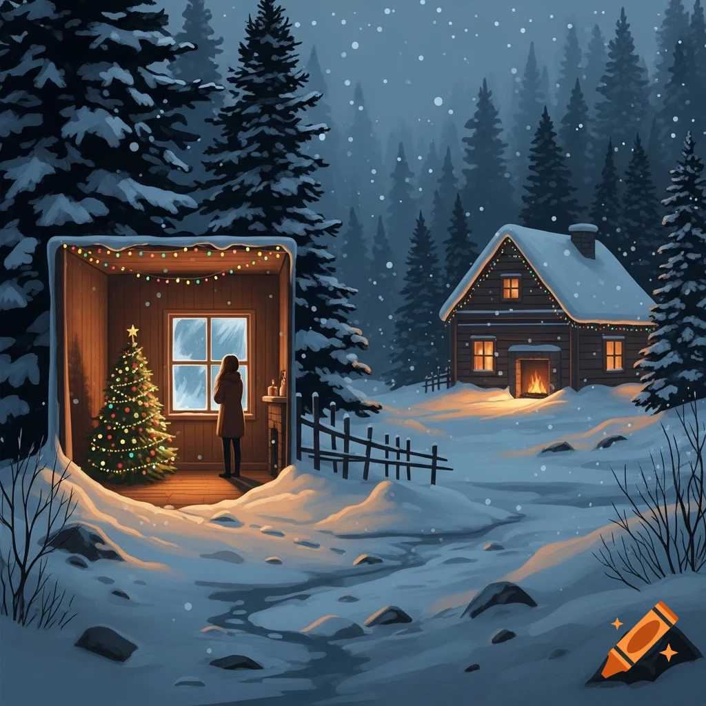 Illustration of a person by a Christmas tree in a room, gazing at a snowy winter forest with a distant lit cabin.