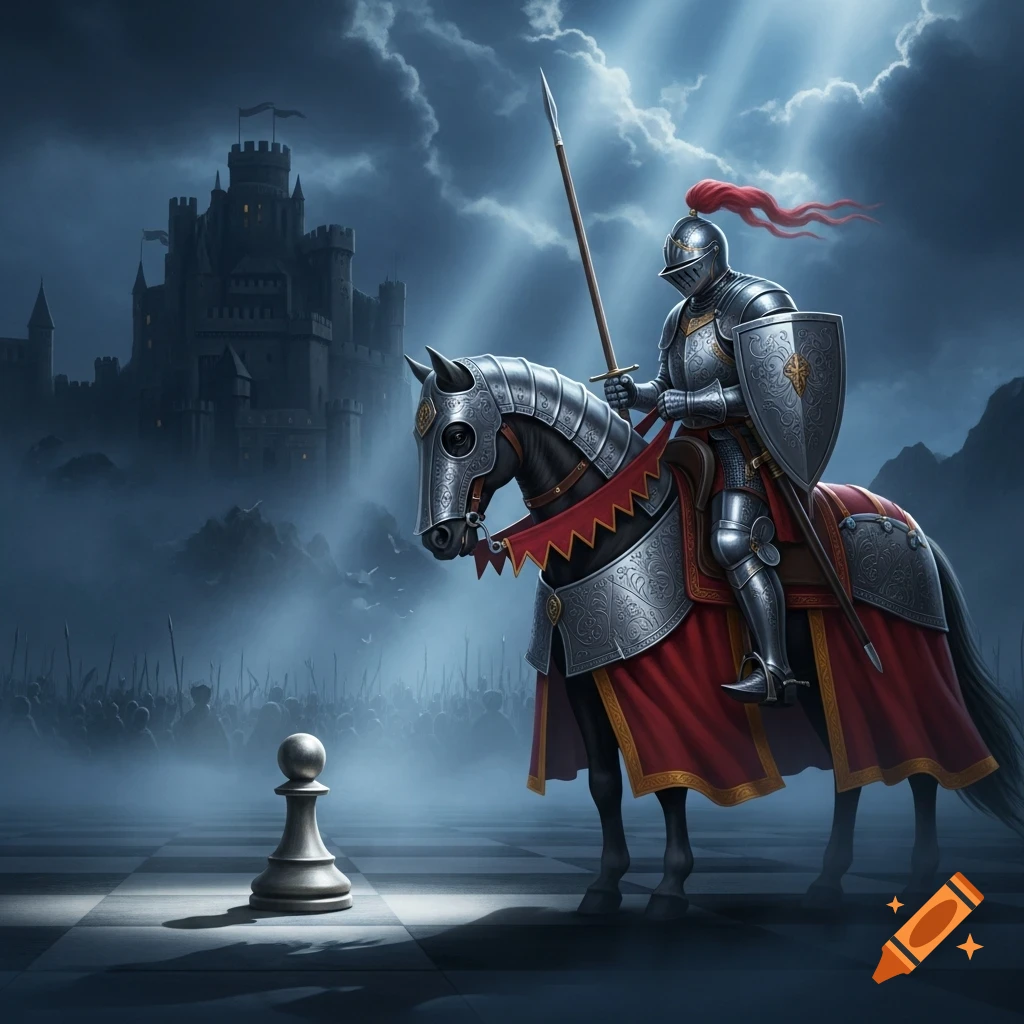 An armored knight on a barded horse stands on a chessboard before a pawn, with a misty battlefield and castle in the background.