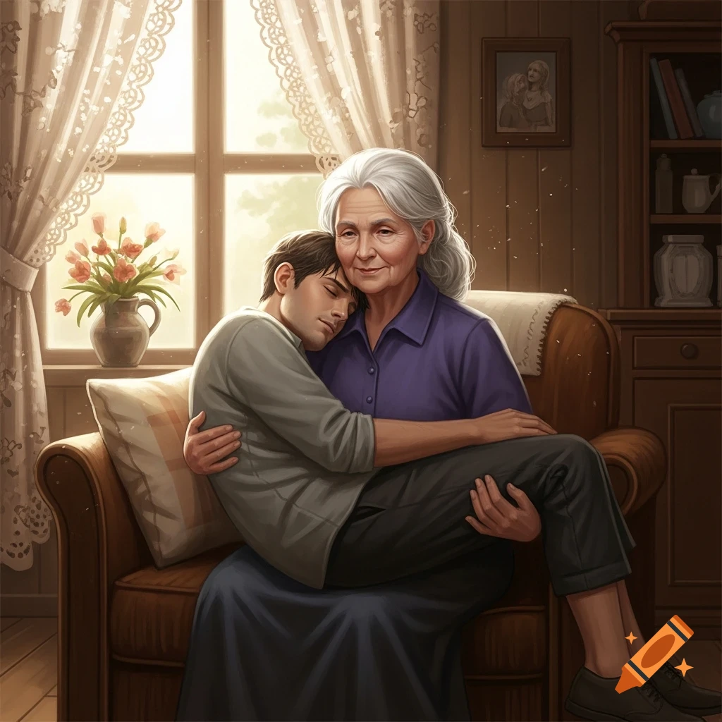 An older woman with white hair sits in an armchair, tenderly holding a younger man in her lap, in a sunlit room.