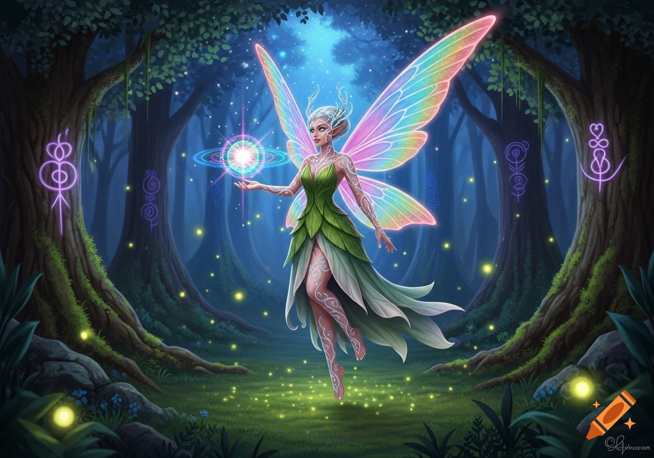 A magical fairy with iridescent wings and a green leaf dress hovers in a glowing forest, holding a luminous orb.