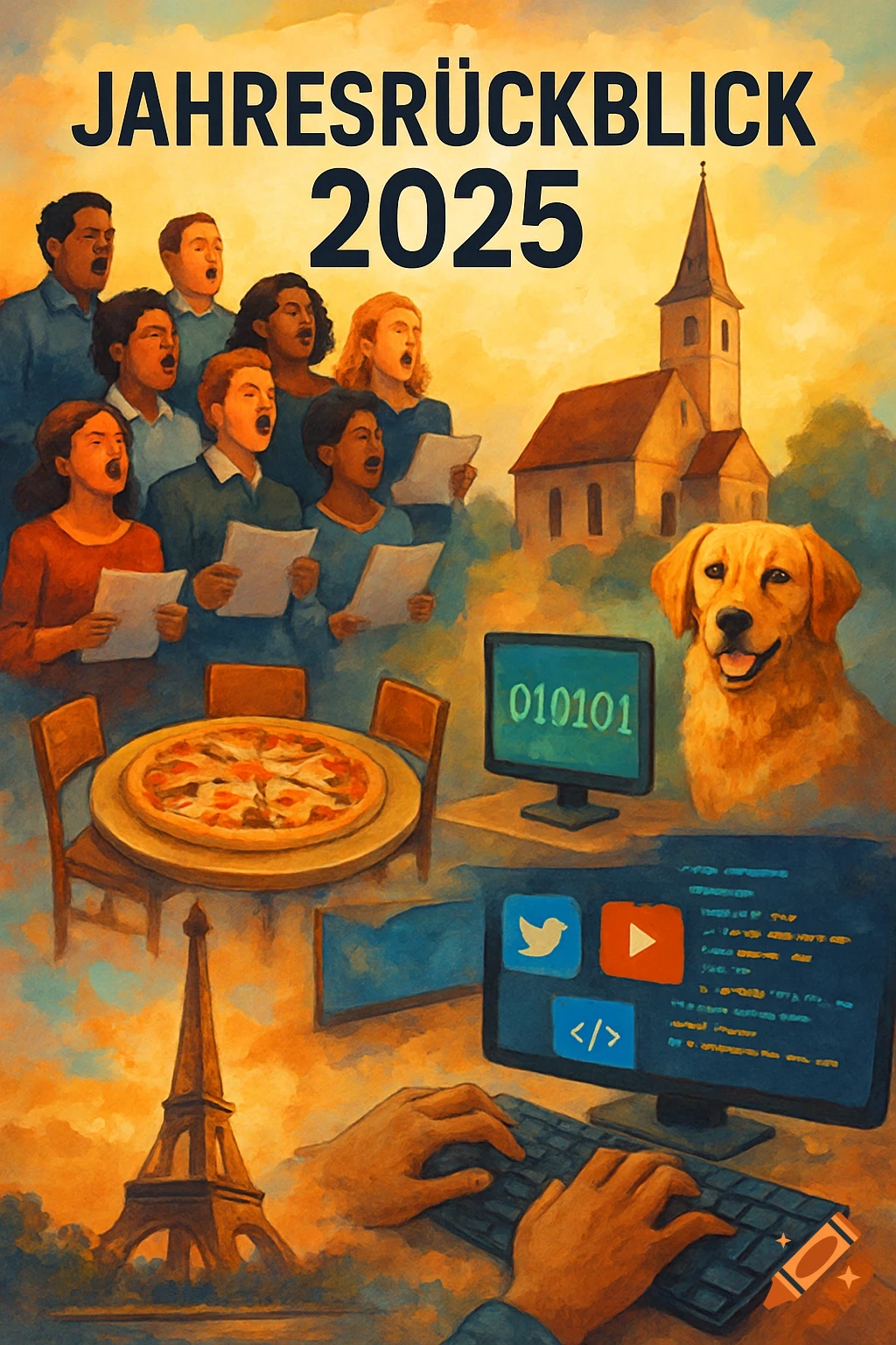 Collage illustration: 'JAHRESRÜCKBLICK 2025' with a choir, church, dog, pizza, computers, and Eiffel Tower.