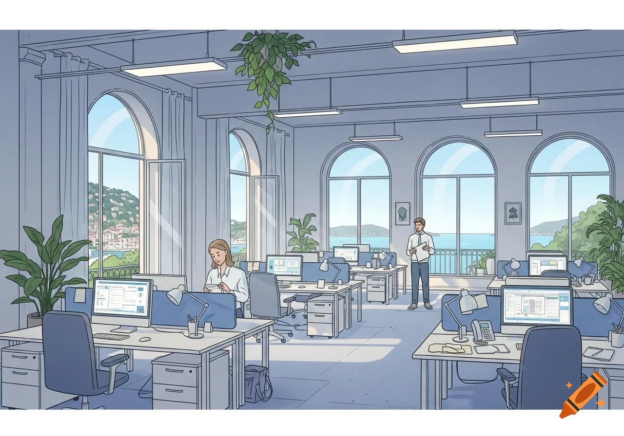 An illustrated office with arched windows overlooking a sunny coastal town and sea. People work at desks with computers and plants.
