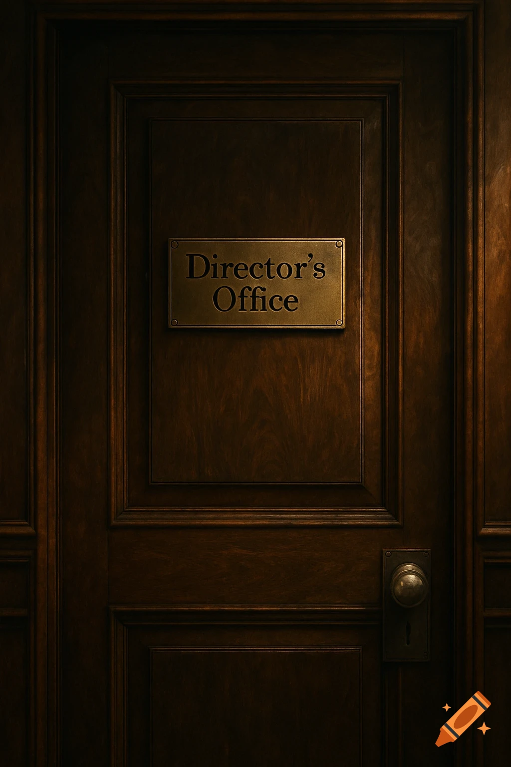 A dark, rich wooden door with a brass plaque reading "Director's Office" and a brass doorknob.