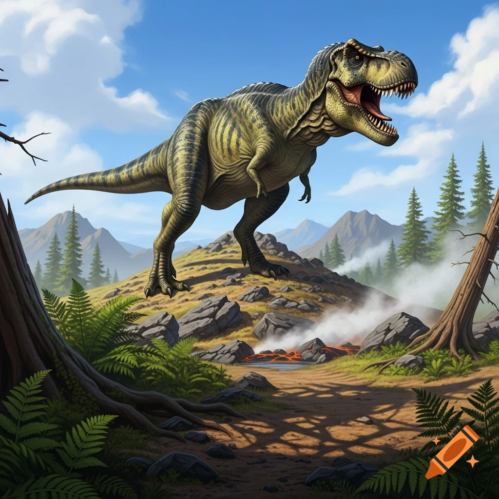 A large, green Tyrannosaurus Rex stands roaring on a rocky hill in a prehistoric landscape with mountains, trees, ferns, and a lava pool.