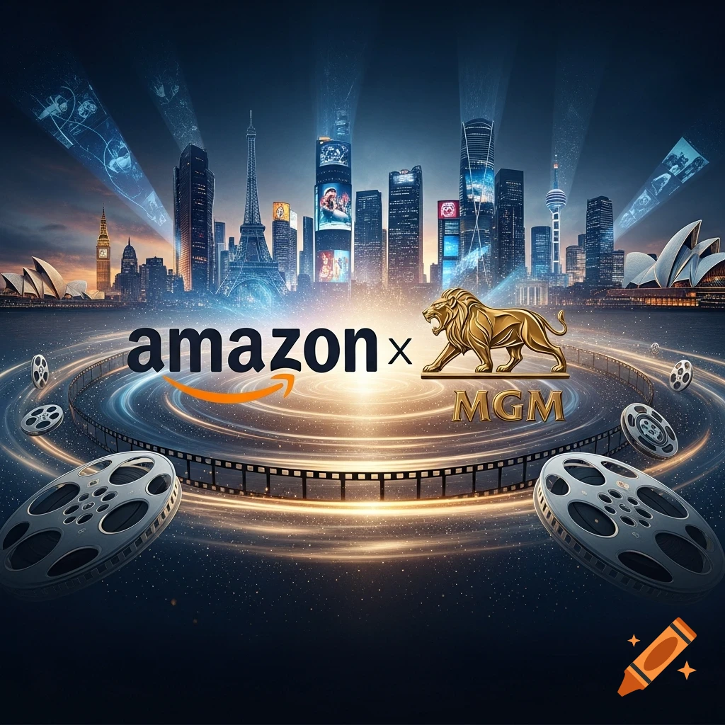 A futuristic cityscape with famous landmarks, amazon and MGM logos, a golden lion, and film reels on a glowing track.