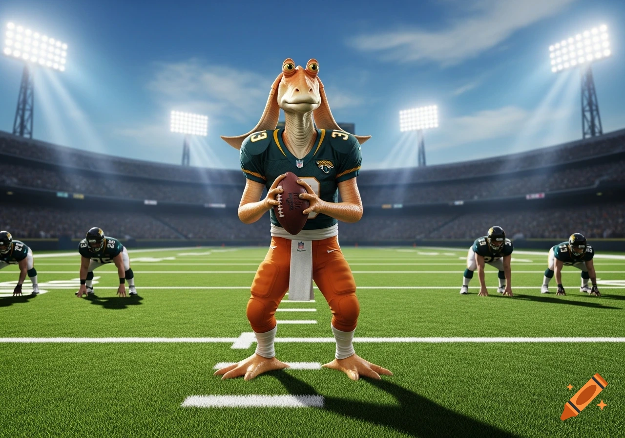Jar Jar Binks, in a Jaguars football uniform, stands on a football field holding a football, with other players in the background.