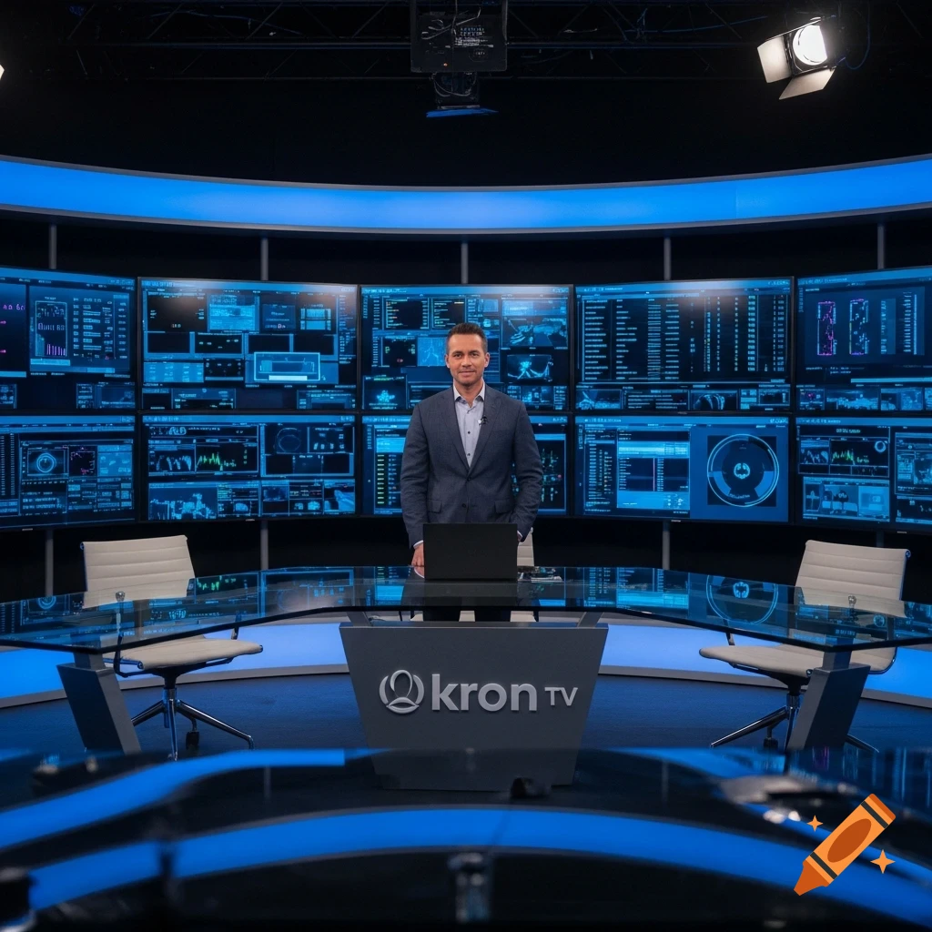 A man in a suit stands behind a desk with a "kron tv" logo in a modern news studio with many blue-lit screens.