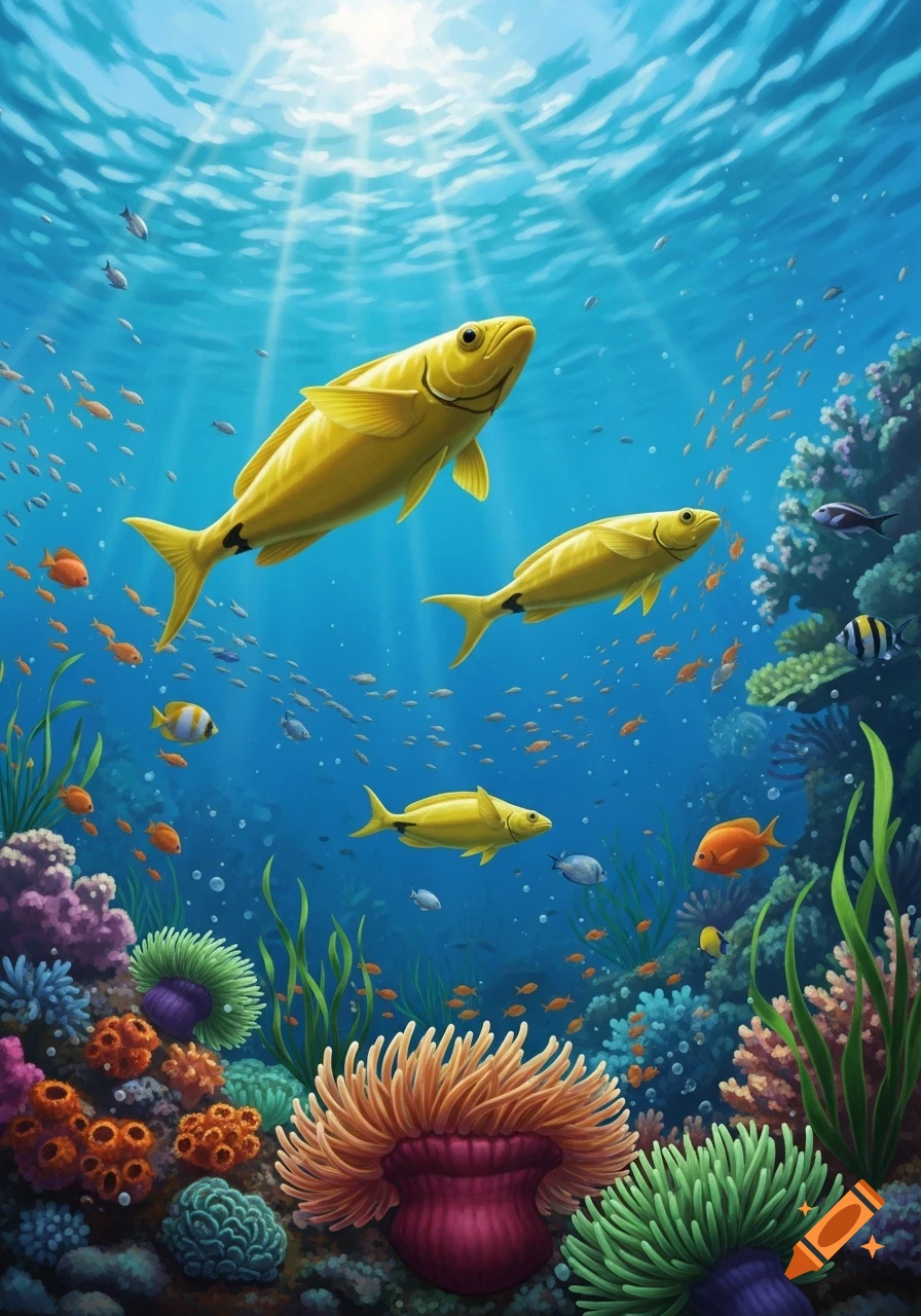 Vibrant underwater scene with three yellow fish, smaller fish, and colorful coral reefs bathed in sunlight.