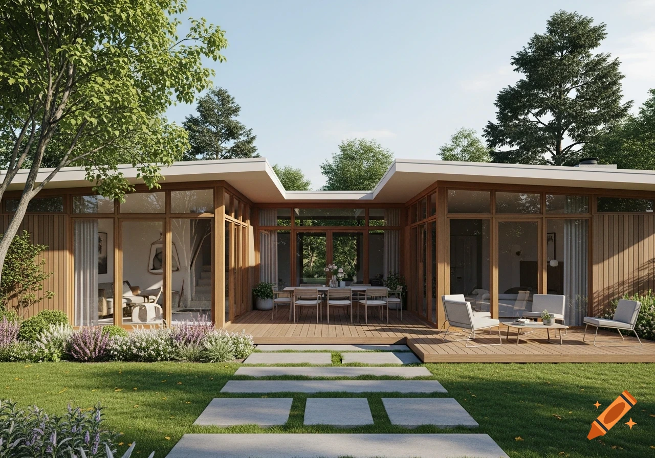 Photorealistic exterior view of a one-story mid-century modern home with interconnected wings, lush lawn, and outdoor decks.
