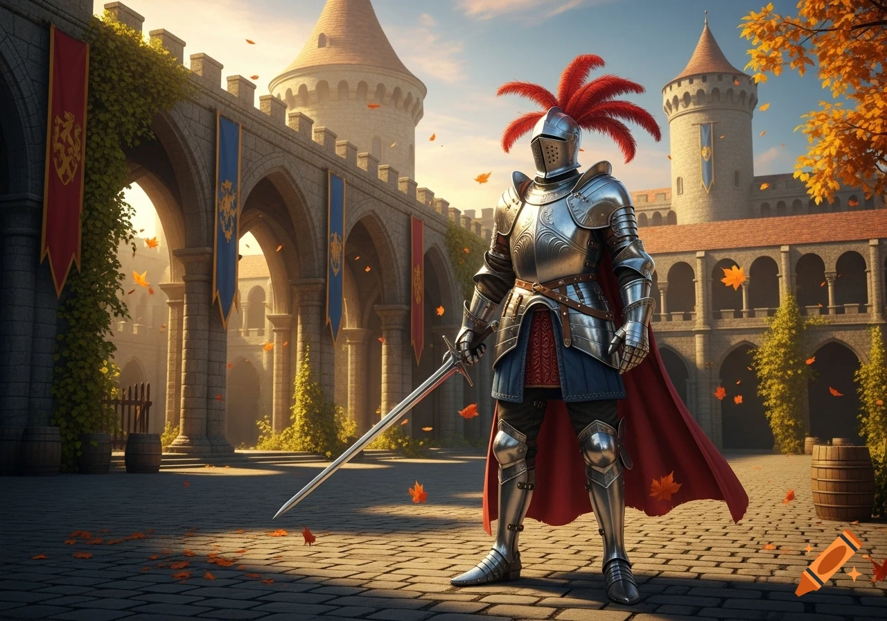 A knight in full shining armor with a red-feathered helmet stands with a sword in a castle courtyard during autumn.