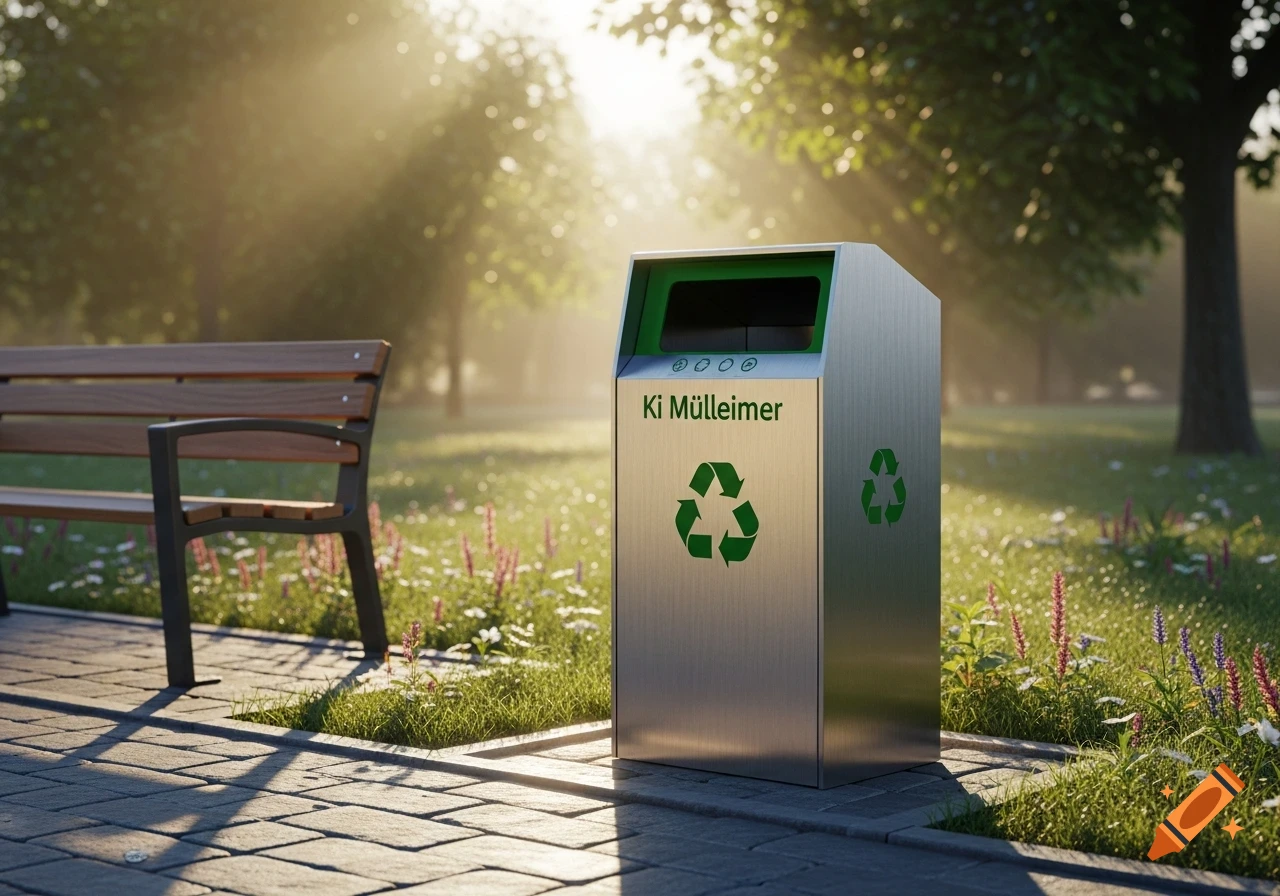 A photorealistic image of a shiny recycling bin and a wooden bench in a sunny park with green grass and trees.