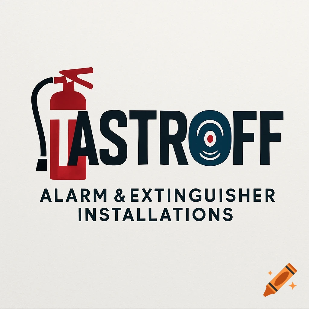 Logo for TASTROFF, featuring a red fire extinguisher forming the 'T' and a smoke detector as the 'O', with text 'ALARM & EXTINGUISHER INSTALLATIONS' on a beige background.