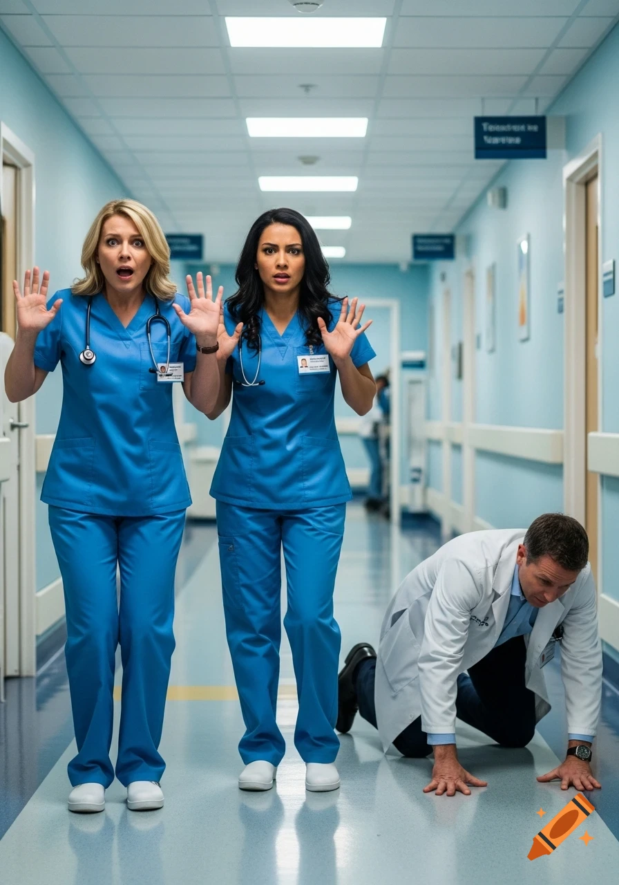 Two female nurses with surprised expressions and raised hands stand in a hospital corridor, while a male doctor crawls on his hands and knees in front of them.