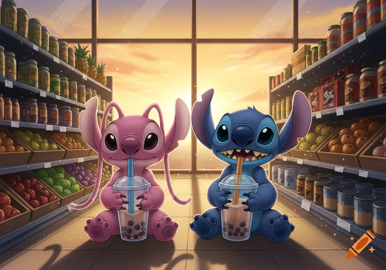 Pink Angel and blue Stitch sitting in a supermarket aisle at sunset, both drinking boba tea.