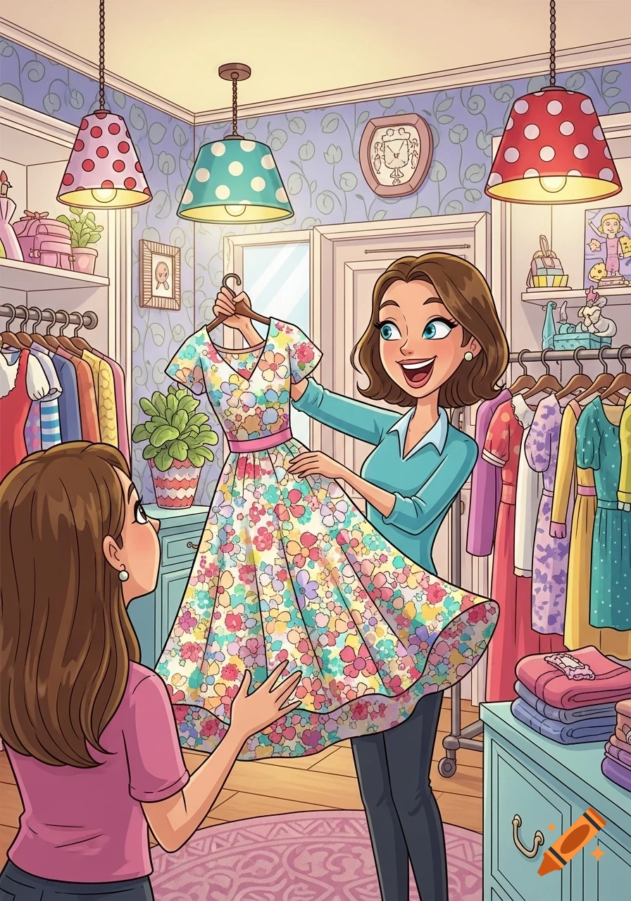 A saleswoman in a cartoon style presenting a colorful floral dress to a customer in a bright clothing store.