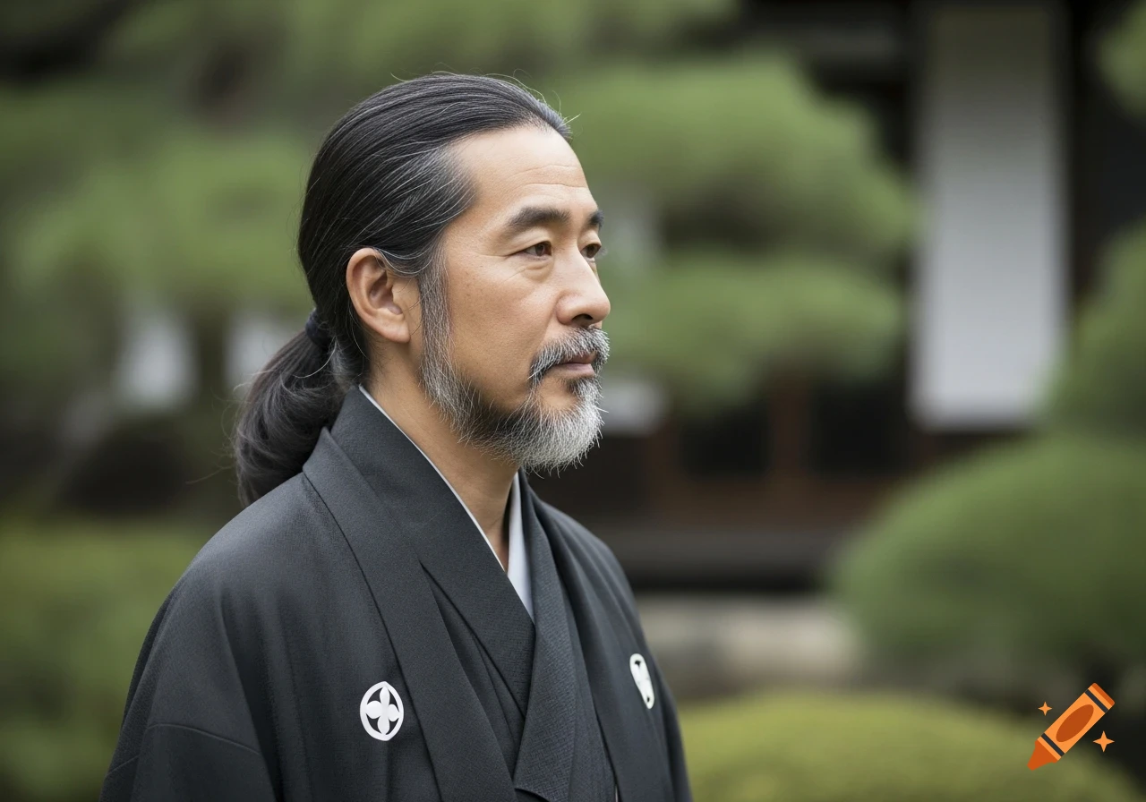 Photorealistic portrait of a middle-aged Japanese man with a grey beard and dark hair tied back, wearing a black kimono, in a garden.