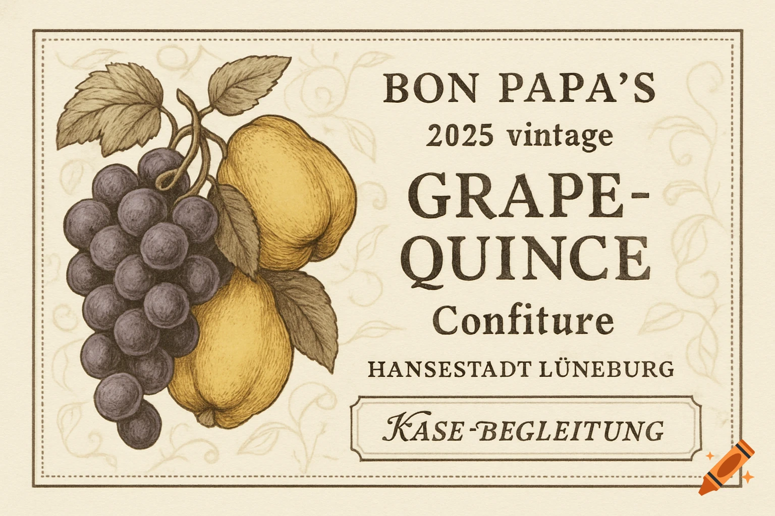 Vintage-style label for "Bon Papa's Grape-Quince Confiture" with illustrations of grapes and quinces on a light background.