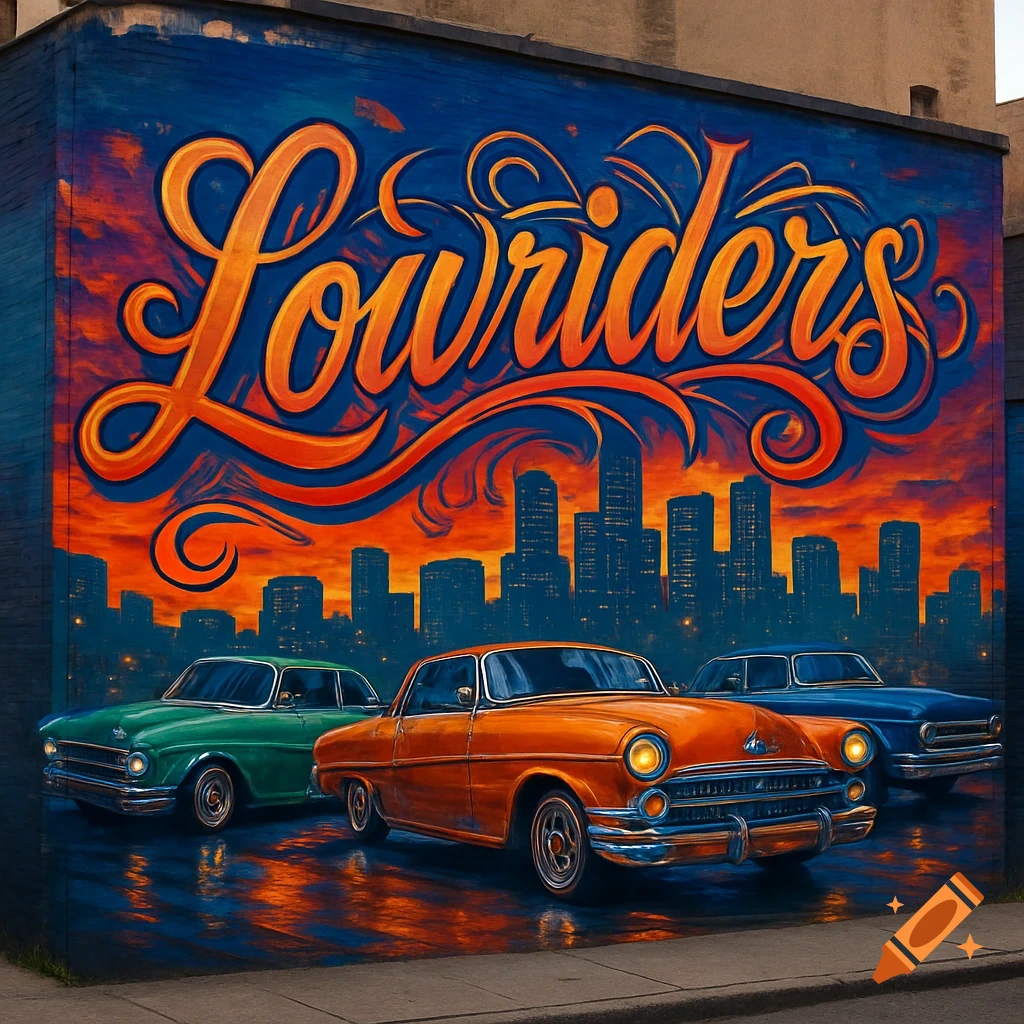 A vibrant mural depicts three lowrider cars parked in front of a city skyline at sunset, with the word 'Lowriders' written above.