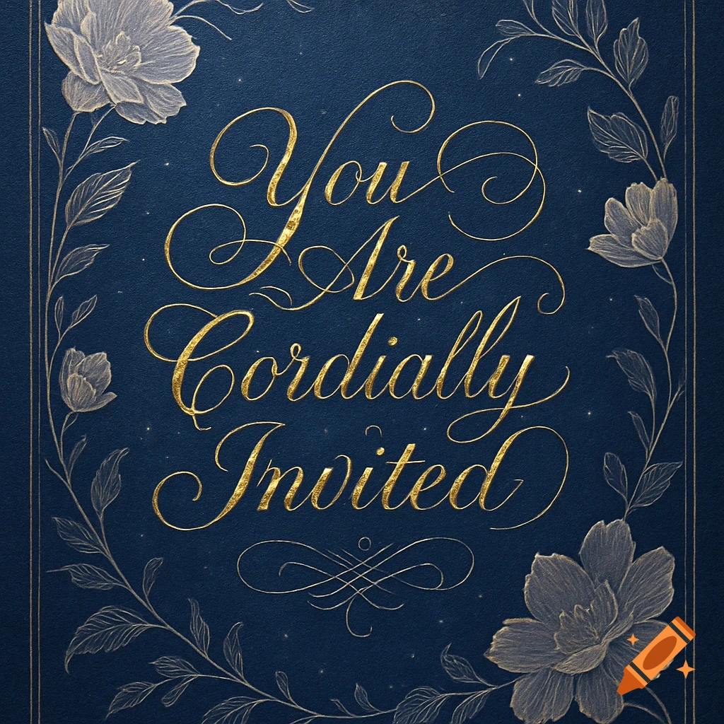 An elegant dark blue invitation with gold foil text 'You Are Cordially Invited' framed by delicate floral borders.