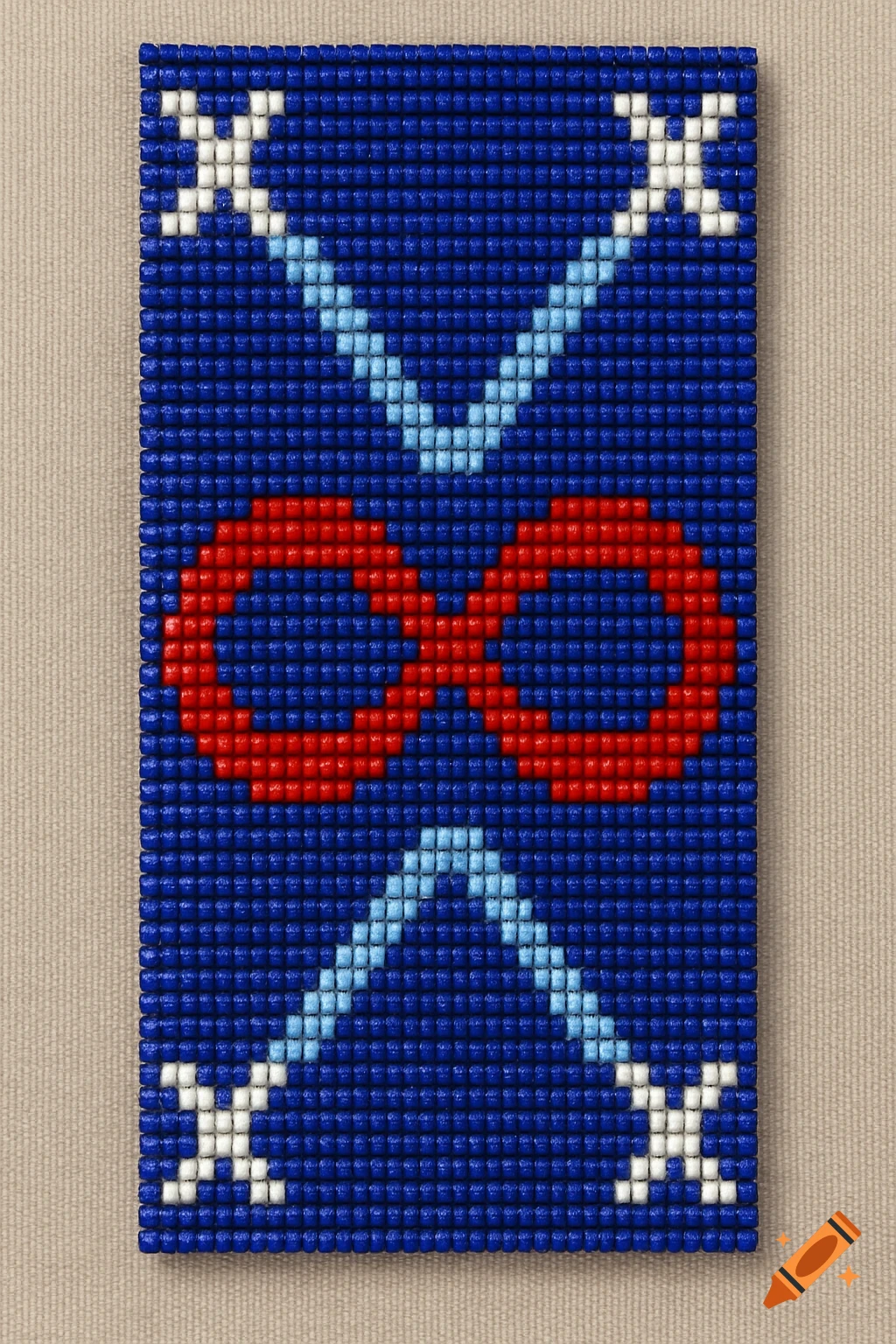 A rectangular beadwork loom pattern with a red infinity symbol centered on a deep blue background, flanked by light blue and white X-shaped designs.