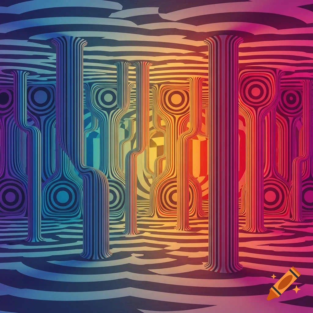 Abstract optical illusion with striped pillars and wavy patterns in a vibrant gradient of blue, yellow, orange, and pink.