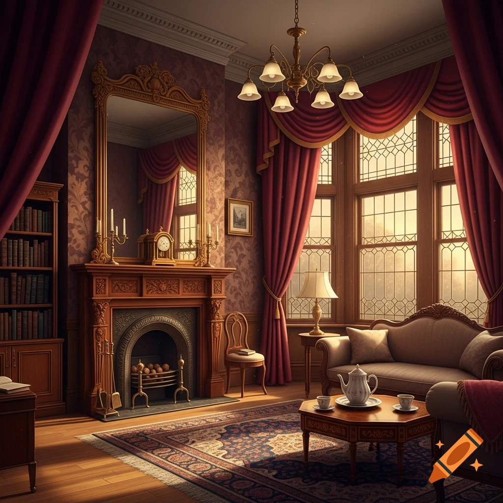 A luxurious Victorian-era living room with red drapes, ornate fireplace, large windows, and elegant furnishings, bathed in warm light.