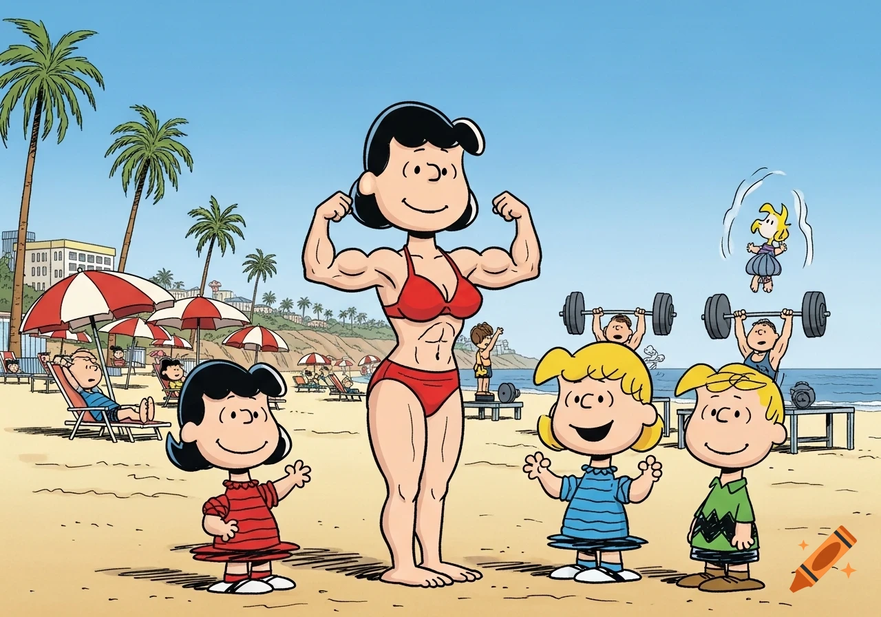 Cartoon of Lucy's muscular mom in a red bikini flexing at Muscle Beach, with Lucy, Charlie Brown, and Linus.