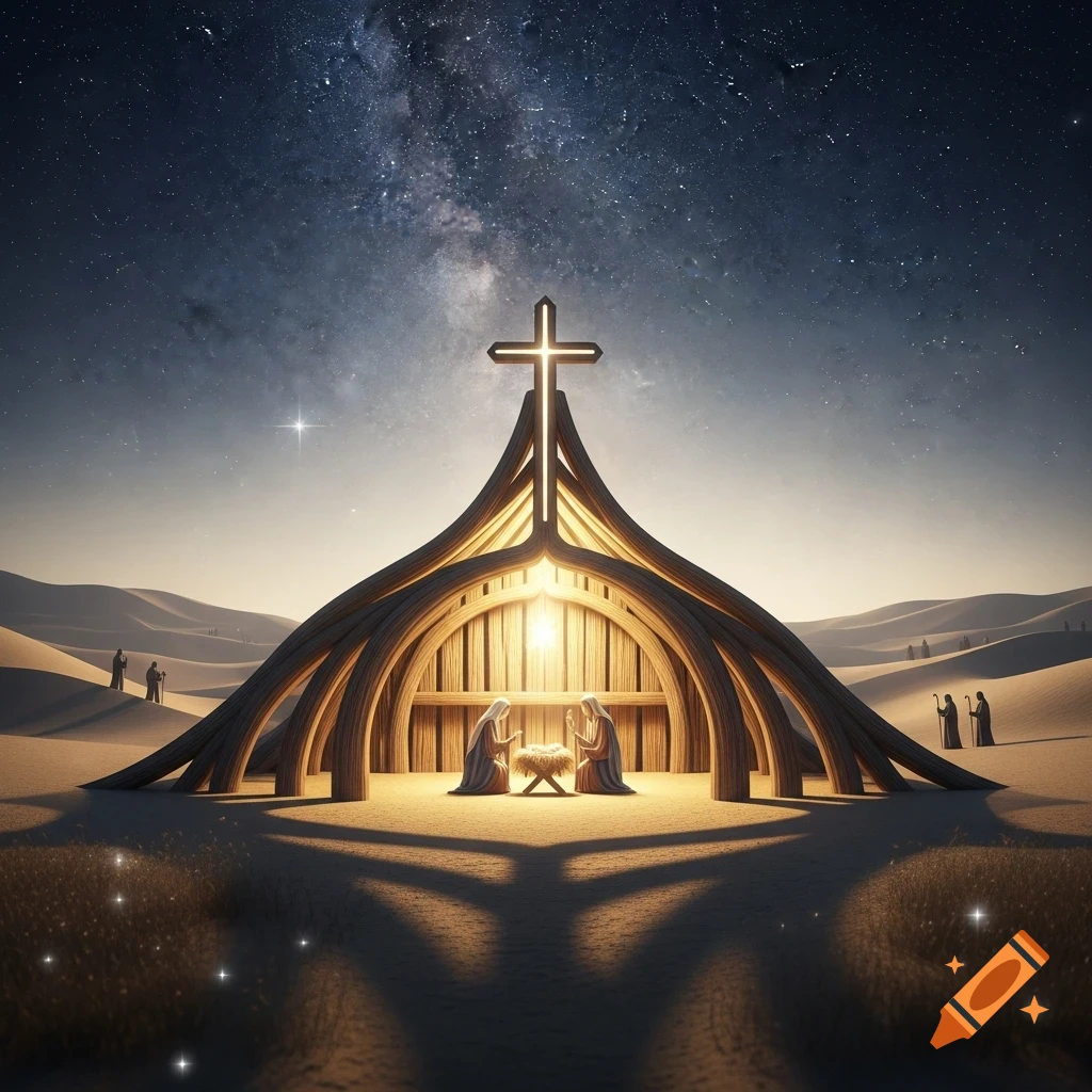 A modern nativity stable, incorporating a large cross into its wooden archway structure, illuminates Mary and Joseph kneeling before baby Jesus in a desert under a starry night sky.
