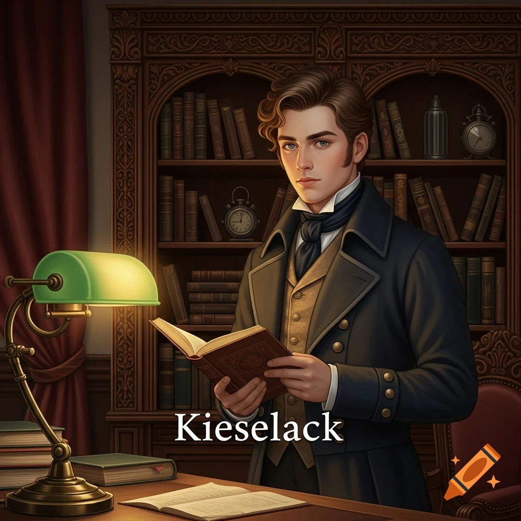 Young man in historical attire reads a book at a desk with a green lamp in a study filled with bookshelves. The text "Kieselack" is overlaid.