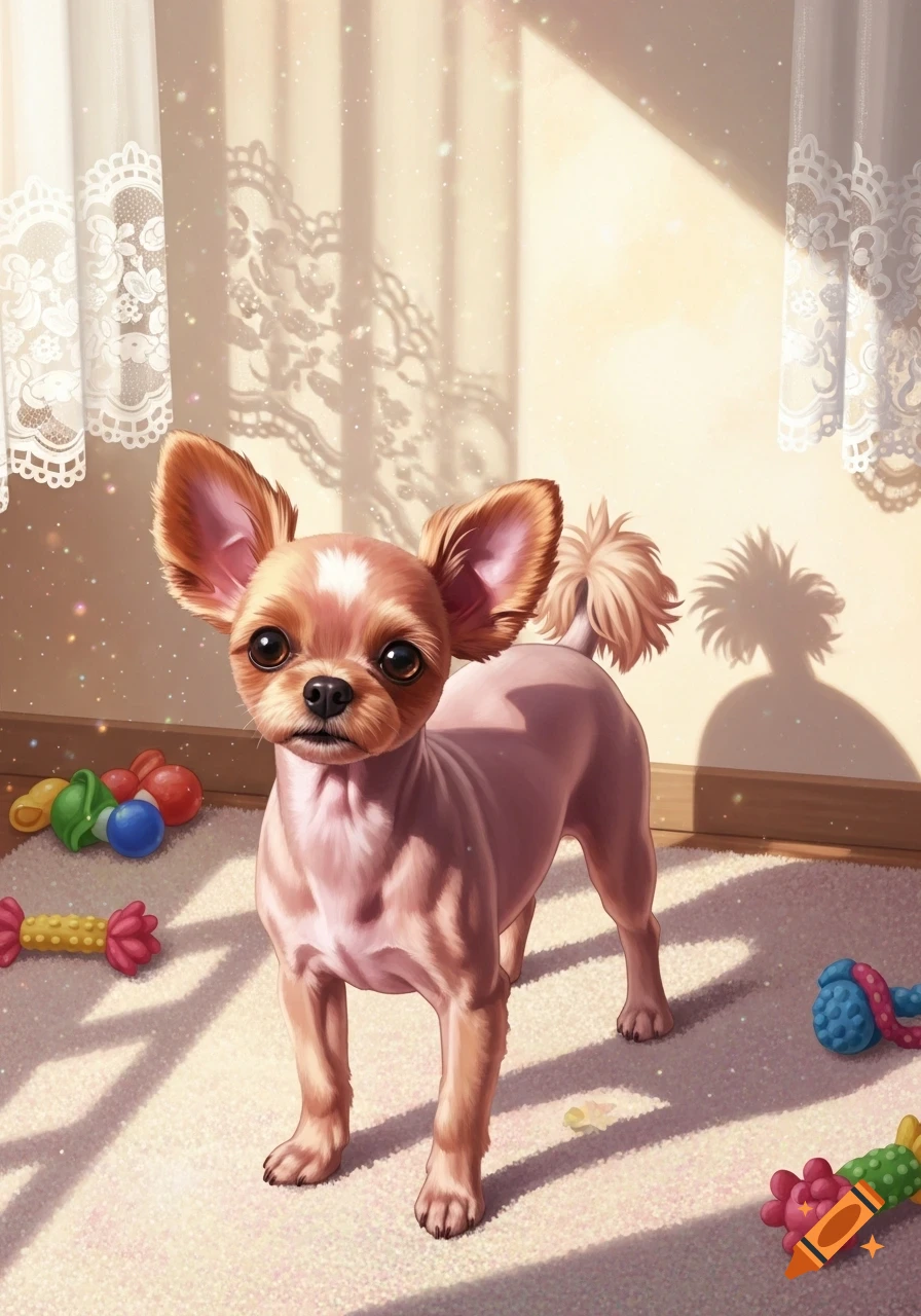A small, fawn-colored, short-haired dog with big ears stands on a carpet in a sunlit room with toys, in an illustration style.