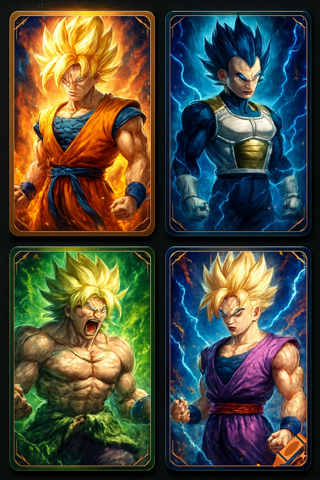 Four stylized anime trading cards featuring Dragon Ball Z characters Goku, Vegeta, Broly, and Gohan in dynamic poses.