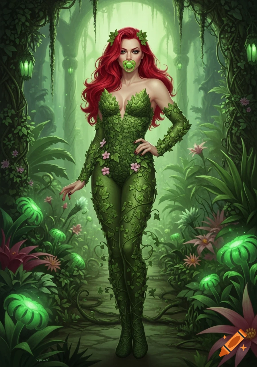 Poison Ivy in a leaf costume with red hair and a green pacifier in a glowing jungle, digital art.