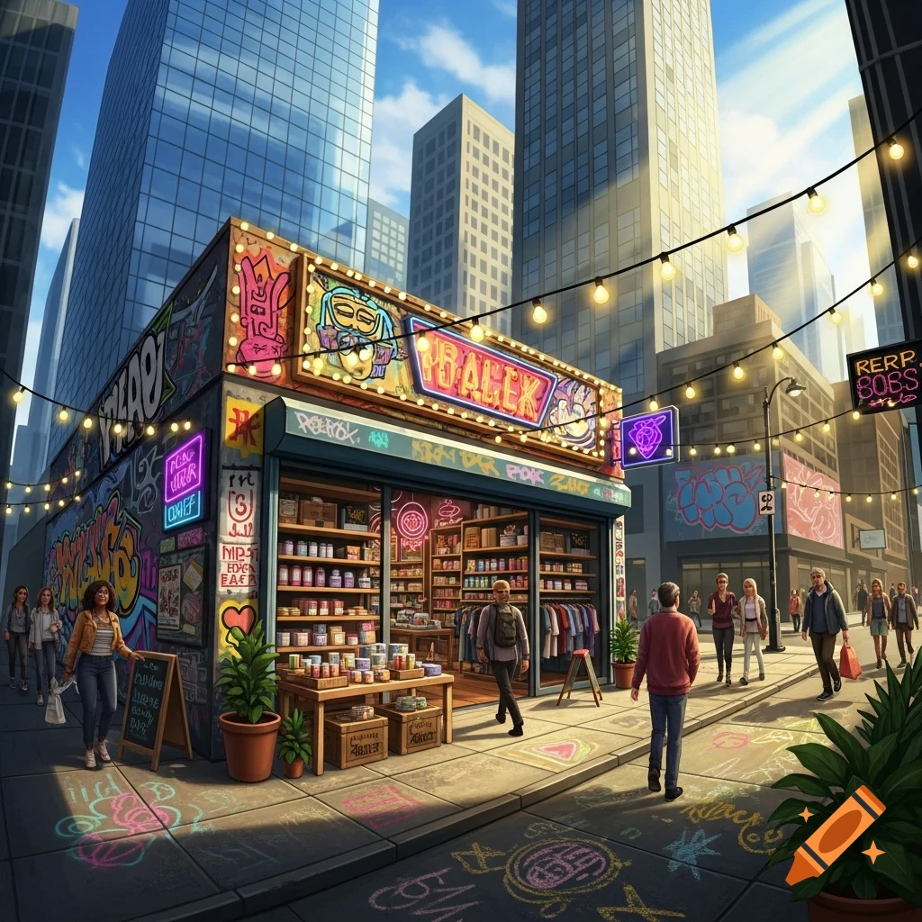 A vibrant pop-up store covered in colorful graffiti with a neon sign, nestled between modern skyscrapers on a sunny city street with people walking by.