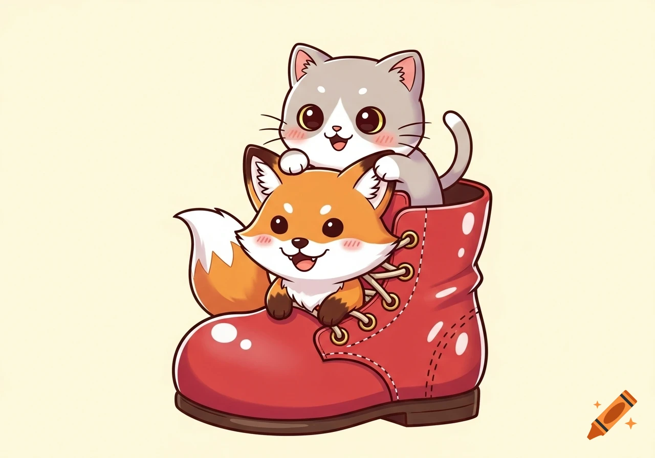 A kawaii cartoon cat peeking over a fox, both inside a red boot.