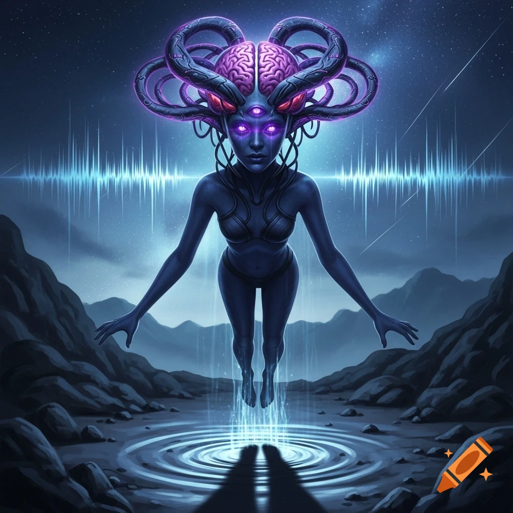 Dark blue alien-like woman with glowing brain and three purple eyes levitates above water in a rocky landscape under stars.