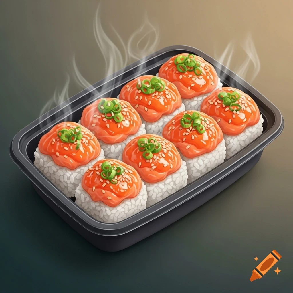 Eight portions of sushi-like rice balls with salmon sauce, sesame seeds, and green onions in a black tray, with steam.