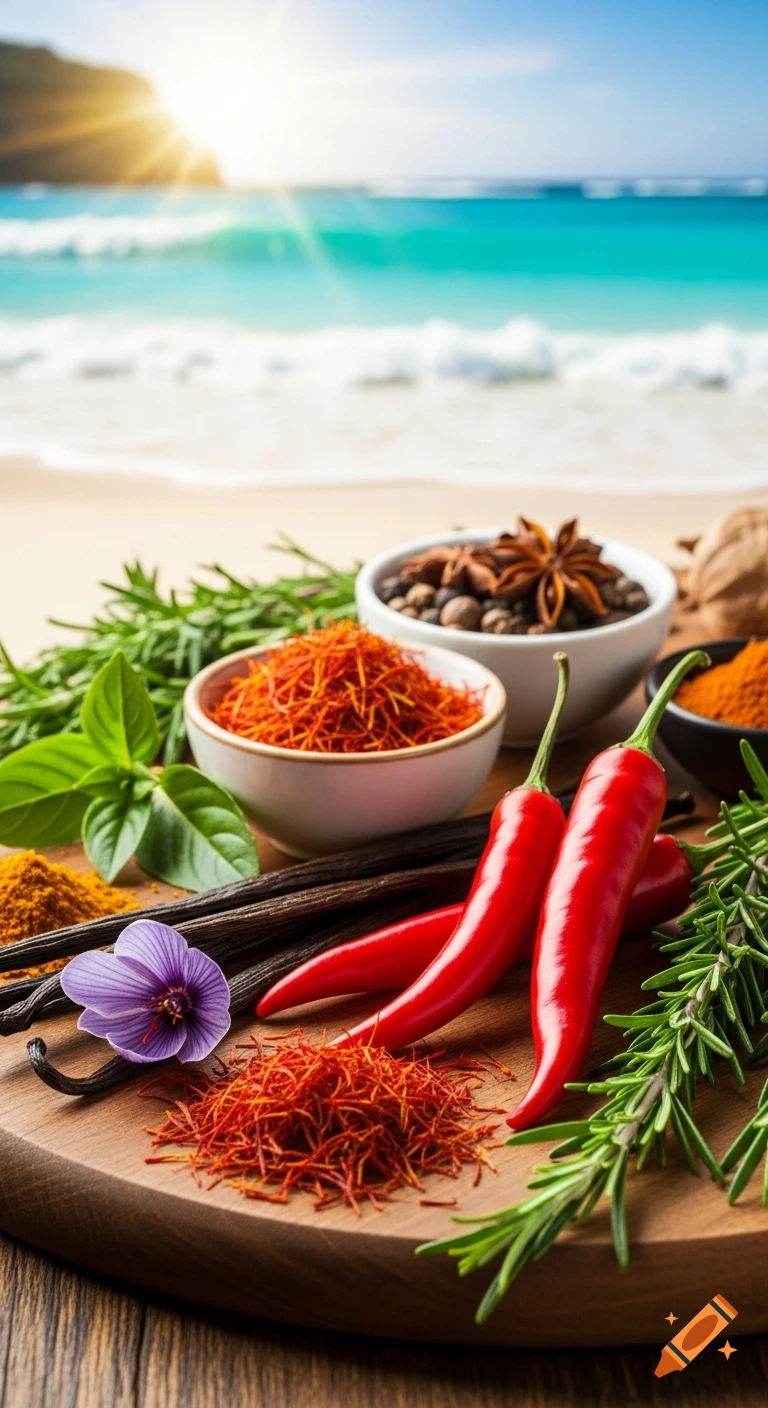 Vibrant arrangement of red chilies, saffron, vanilla, and fresh herbs on a wooden board, with a sunny tropical beach in the background.