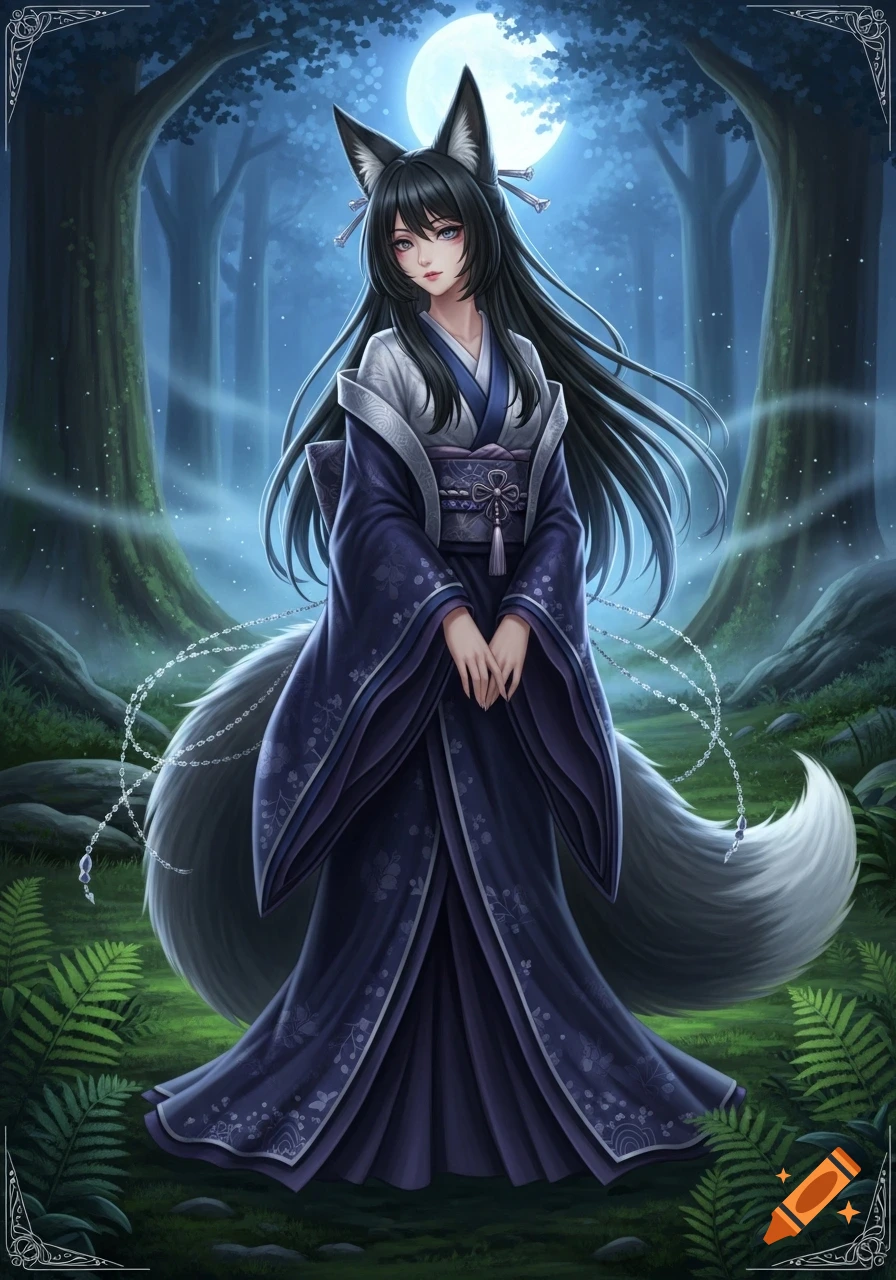 Anime fox girl with long black hair, fox ears, and a white tail, wearing a dark blue kimono in a misty forest under a full moon.